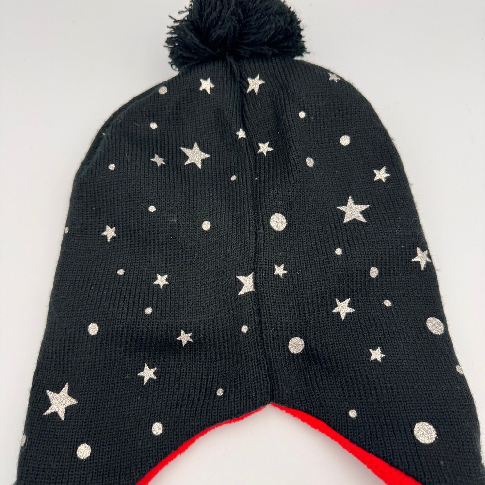 Kids Girls Disney Minnie Mouse Winter Beanie Hat Black Red Stars Pom Pom Braids - Picture 8 of 9